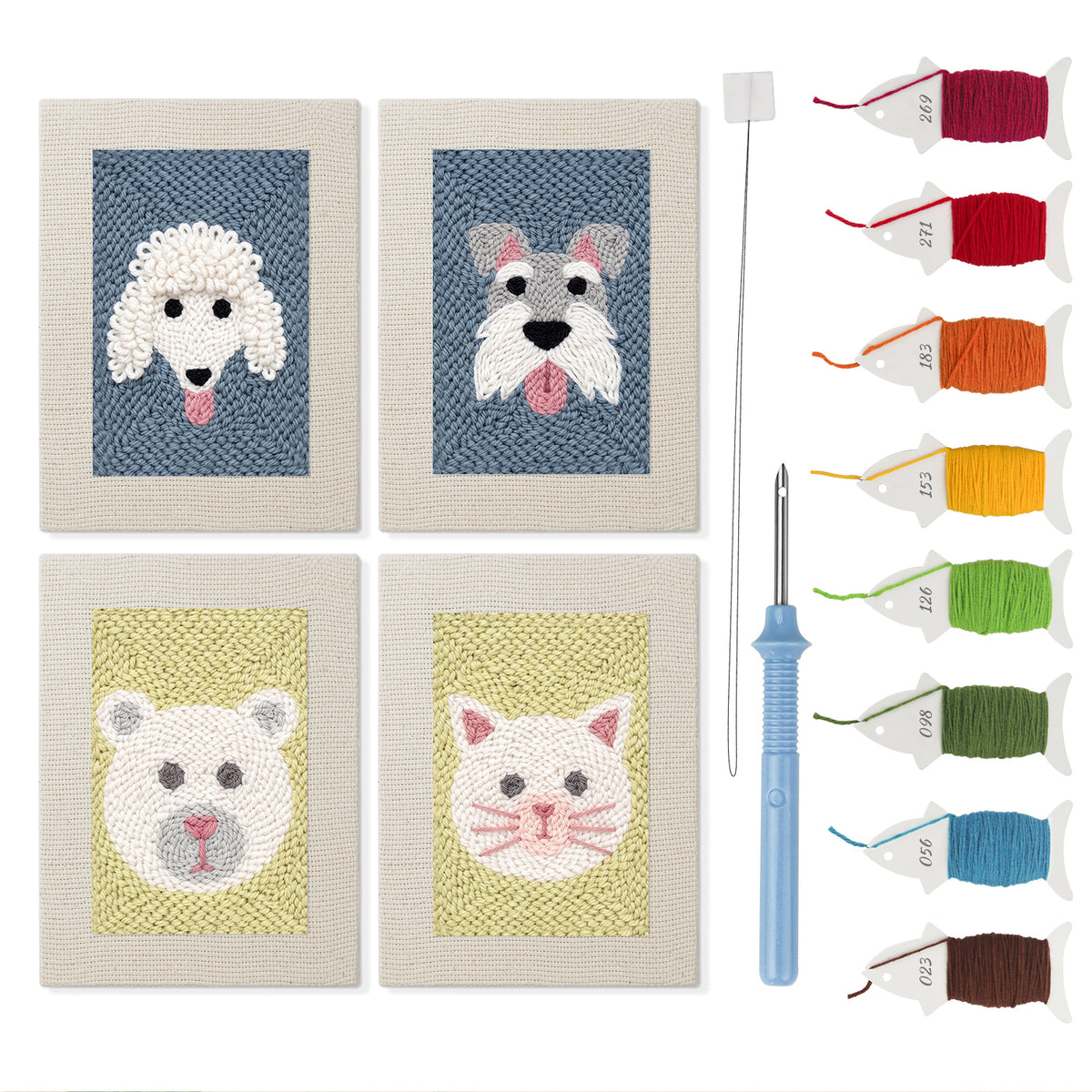 Fluffy Friends mini punch needle kit set: four finished canvases with threads, punch needle and threader