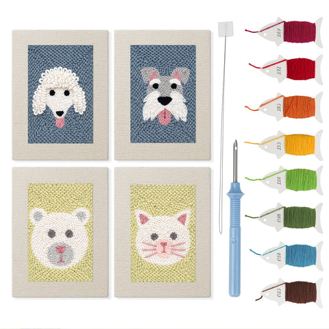 Fluffy Friends mini punch needle kit set: four finished canvases with threads, punch needle and threader