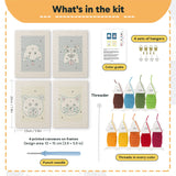 What is in the Fluffy Friends set: 4 printed canvases, punch needle, threader, threads, color guide and 4 sets of hangers (6 × 8 in (15 × 20 cm) each)