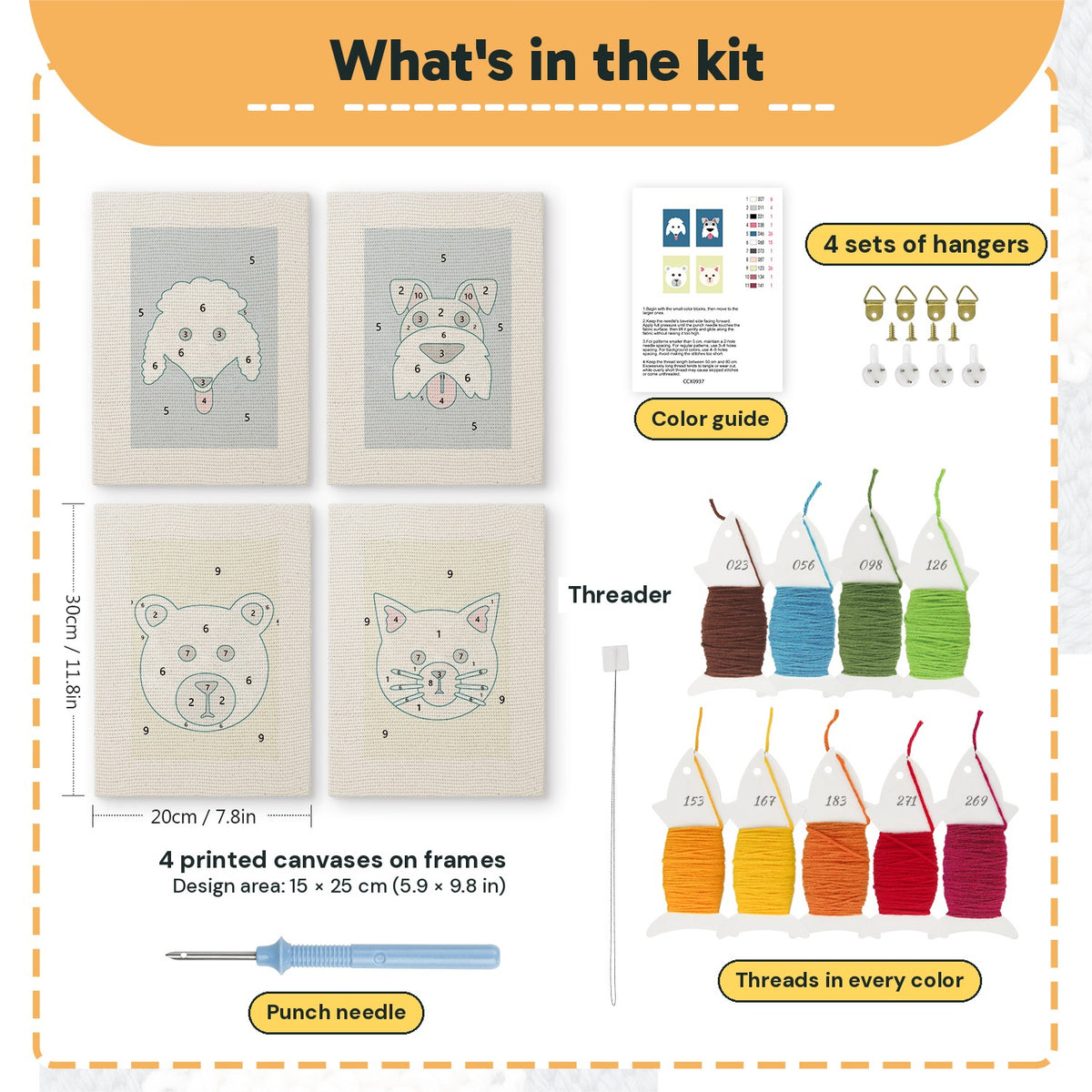 What is in the Fluffy Friends set, 8 × 12 in (20 × 30 cm) each: 4 printed canvases, punch needle, threader, threads, color guide and 4 sets of hangers
