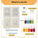 What is in the Fluffy Friends set, 8 × 12 in (20 × 30 cm) each: 4 printed canvases, punch needle, threader, threads, color guide and 4 sets of hangers