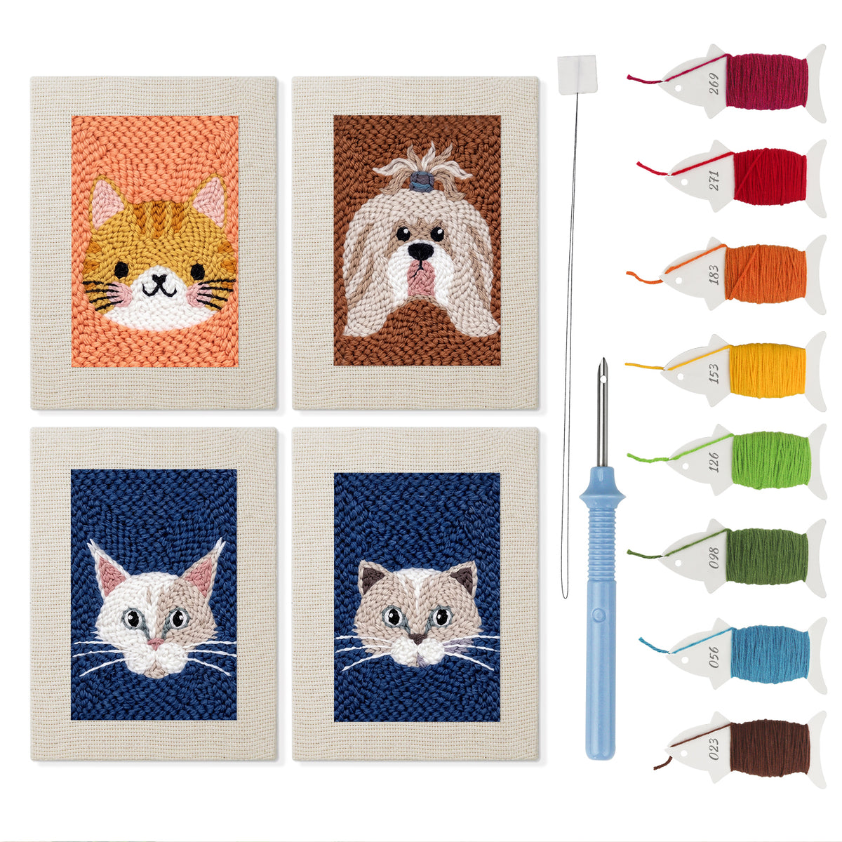 Fluffy Pet Portraits mini punch needle kit set: four finished canvases with threads, punch needle and threader