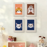 The four Fluffy Pet Portraits mini canvases on a wall above a shelf
