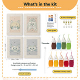 What is in the Fluffy Pet Portraits set: 4 printed canvases, punch needle, threader, threads, color guide and 4 sets of hangers (6 × 8 in (15 × 20 cm) each)