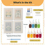 What is in the Fluffy Pet Portraits set, 8 × 12 in (20 × 30 cm) each: 4 printed canvases, punch needle, threader, threads, color guide and 4 sets of hangers