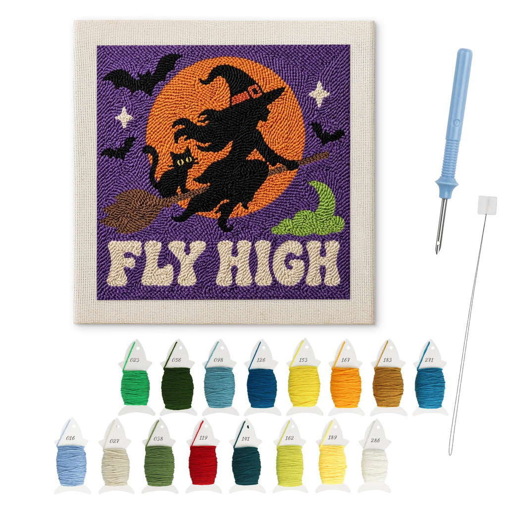 Fly High Witch punch needle kit: finished canvas with threads, punch needle and threader