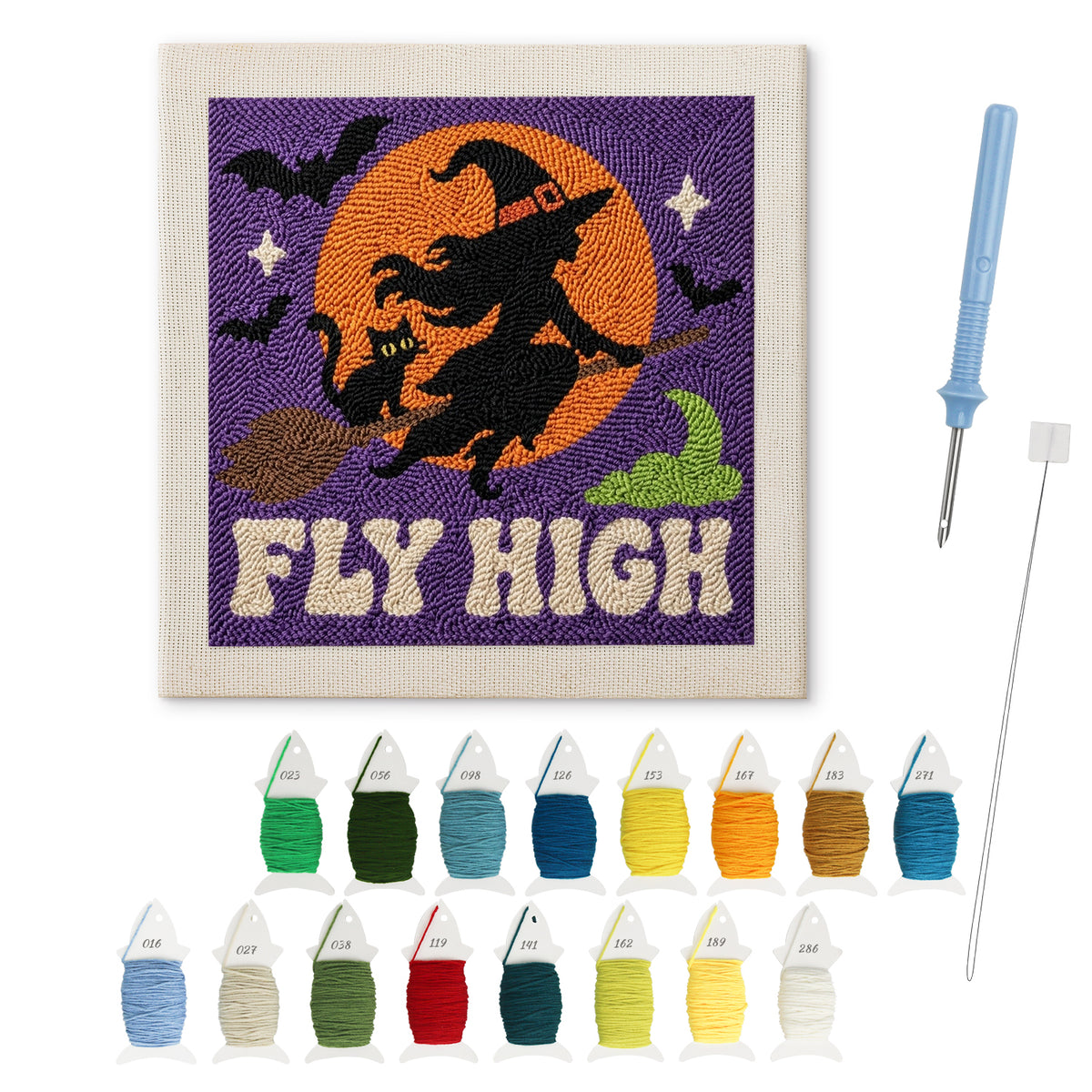 Fly High Witch punch needle kit: finished canvas with threads, punch needle and threader