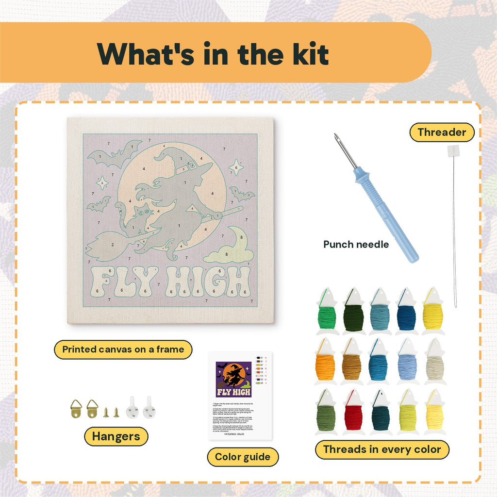 What is in the Fly High Witch kit: printed canvas, punch needle, threader, threads, color guide and hangers