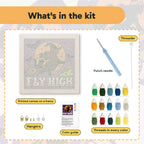 What is in the Fly High Witch kit: printed canvas, punch needle, threader, threads, color guide and hangers