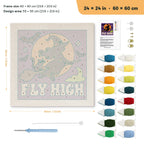 Fly High Witch punch needle kit, 24 × 24 in (60 × 60 cm): canvas size and kit contents