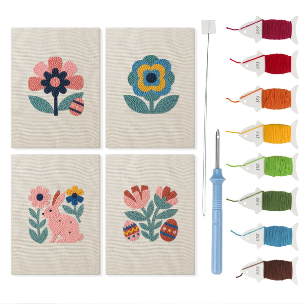 Folk Bunny Blooms mini punch needle kit set: four finished canvases with threads, punch needle and threader