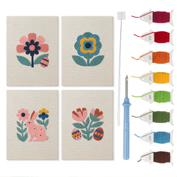 Folk Bunny Blooms mini punch needle kit set: four finished canvases with threads, punch needle and threader