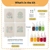 What is in the Folk Bunny Blooms set: 4 printed canvases, punch needle, threader, threads, color guide and 4 sets of hangers (6 × 8 in (15 × 20 cm) each)