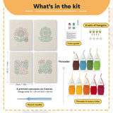 What is in the Folk Bunny Blooms set, 8 × 12 in (20 × 30 cm) each: 4 printed canvases, punch needle, threader, threads, color guide and 4 sets of hangers