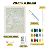 What is in the Forest Waterfall kit: printed canvas, punch needle, threader, threads, color guide and hangers