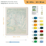 Forest Waterfall punch needle kit, 16 × 20 in (40 × 50 cm): canvas size and kit contents