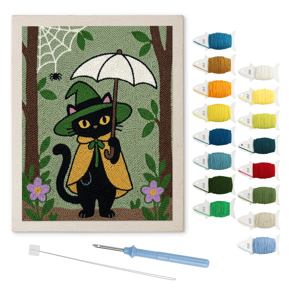 Forest Witch Cat punch needle kit: finished canvas with threads, punch needle and threader