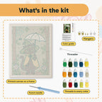 What is in the Forest Witch Cat kit: printed canvas, punch needle, threader, threads, color guide and hangers