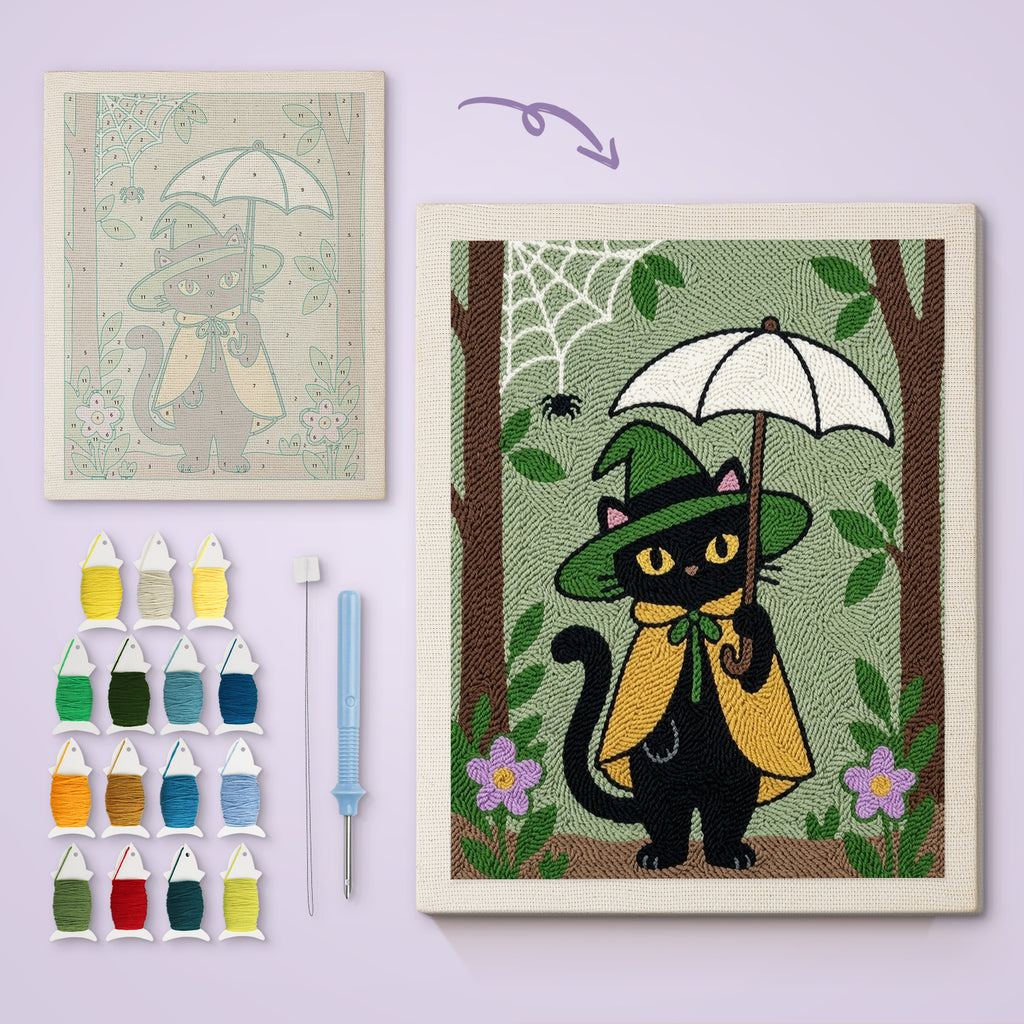 Forest Witch Cat canvas before and after punching, with the threads and tools