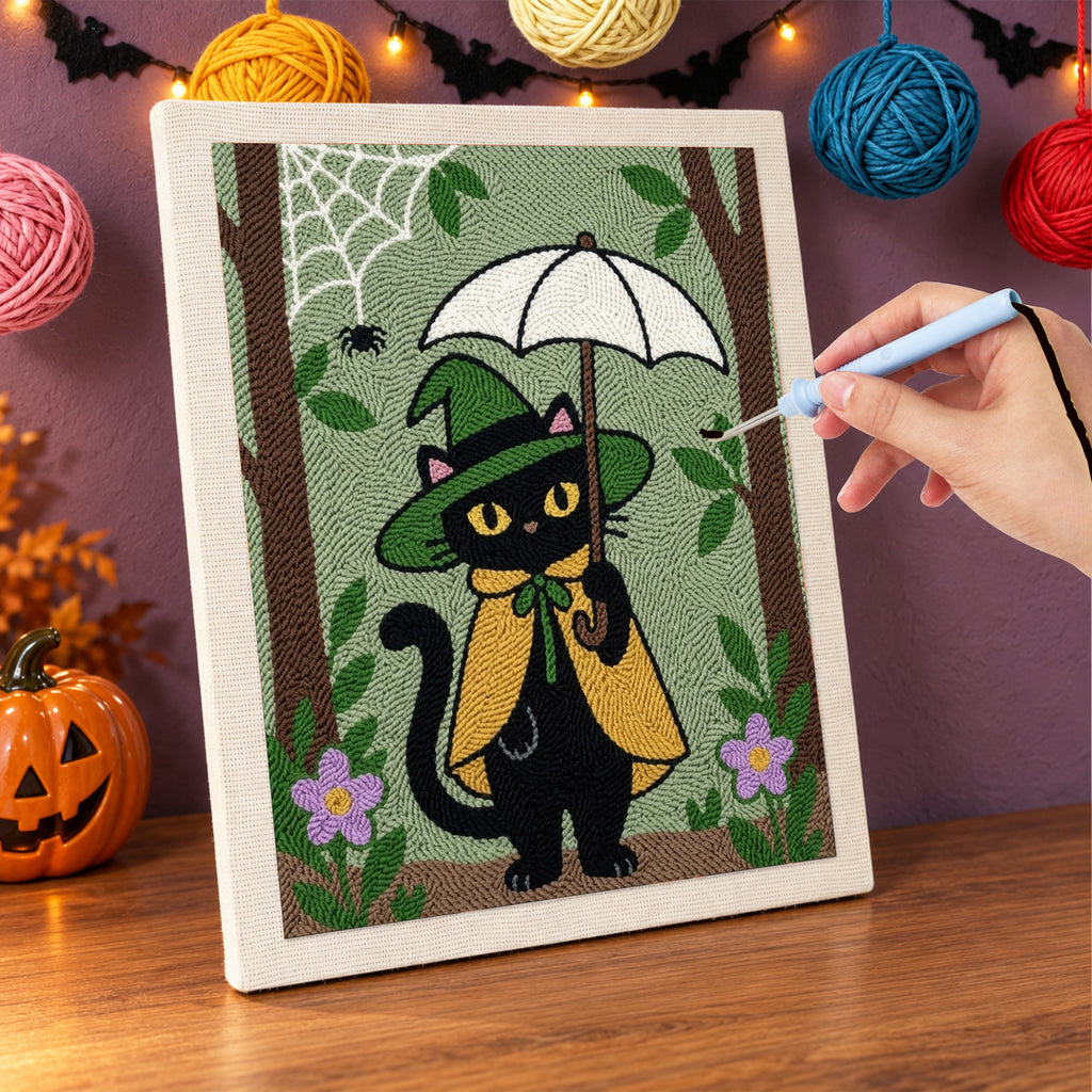 Punching the Forest Witch Cat design with the punch needle