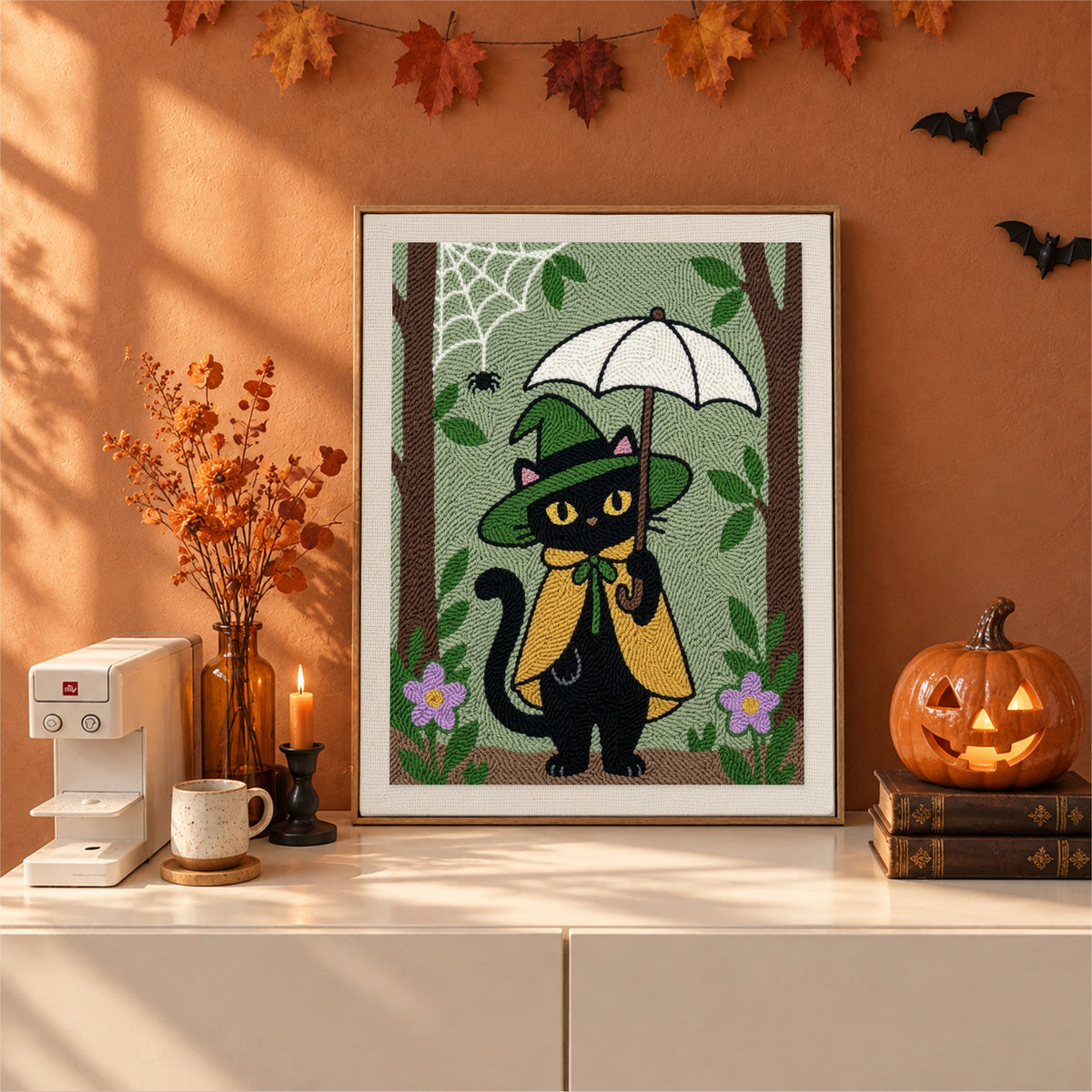 Finished Forest Witch Cat punch needle canvas on a wall