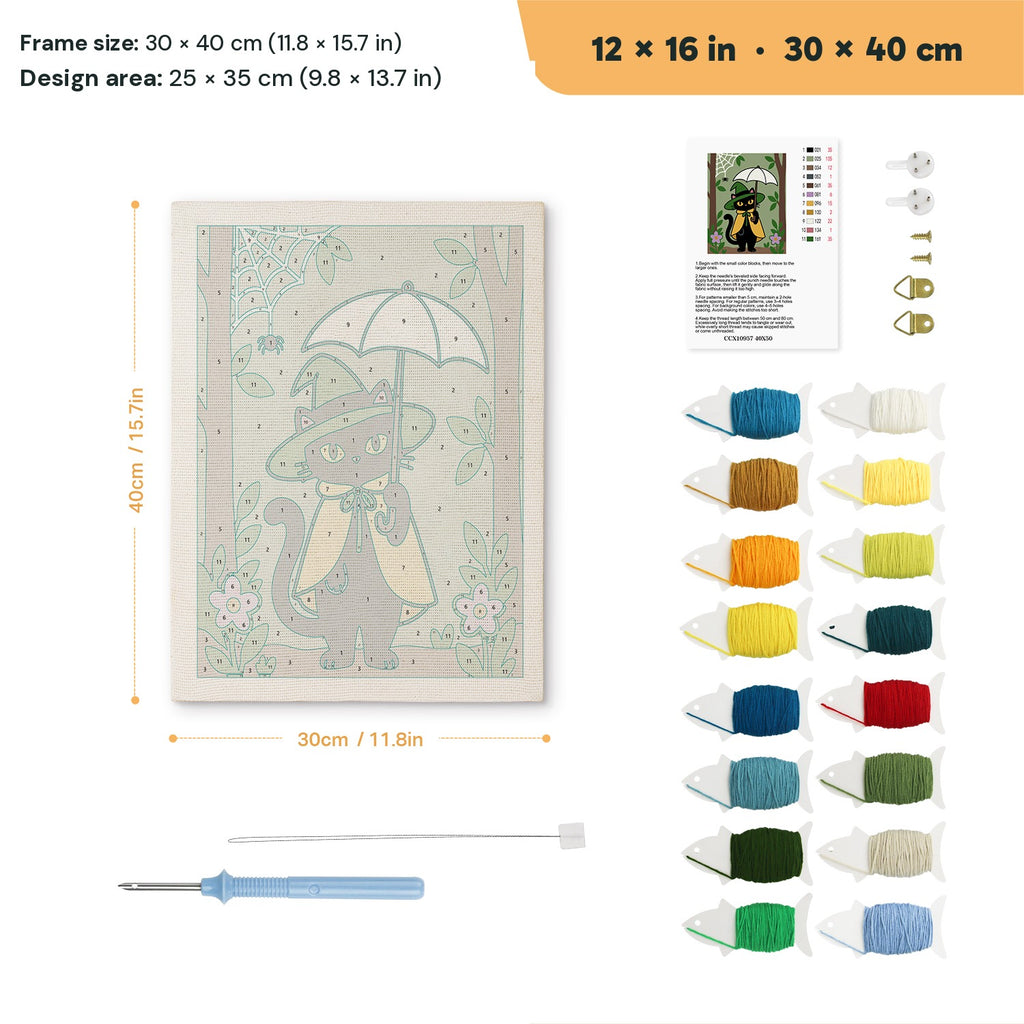 Forest Witch Cat punch needle kit, 12 × 16 in (30 × 40 cm): canvas size and kit contents