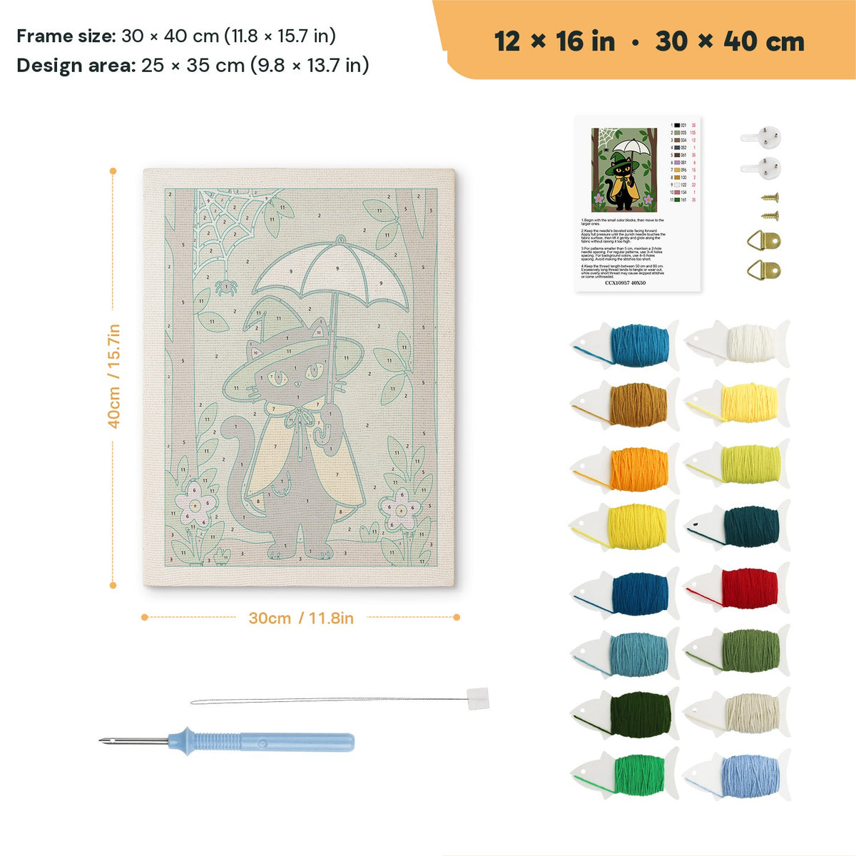 Forest Witch Cat punch needle kit, 12 × 16 in (30 × 40 cm): canvas size and kit contents