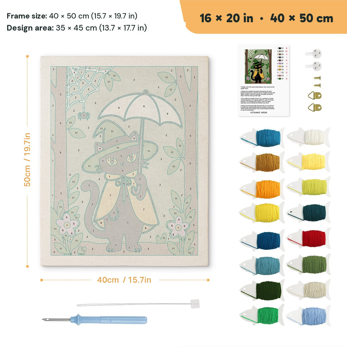 Forest Witch Cat punch needle kit, 16 × 20 in (40 × 50 cm): canvas size and kit contents