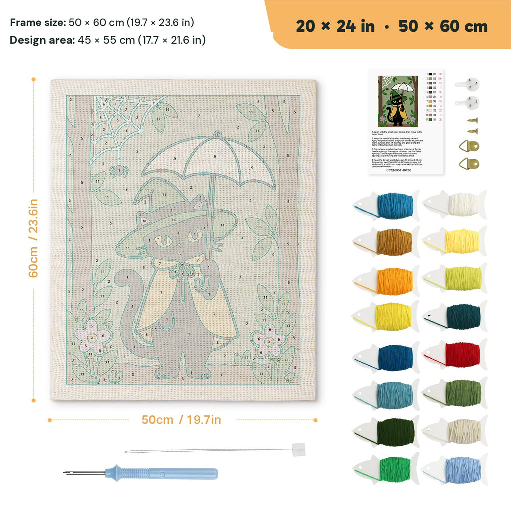 Forest Witch Cat punch needle kit, 20 × 24 in (50 × 60 cm): canvas size and kit contents