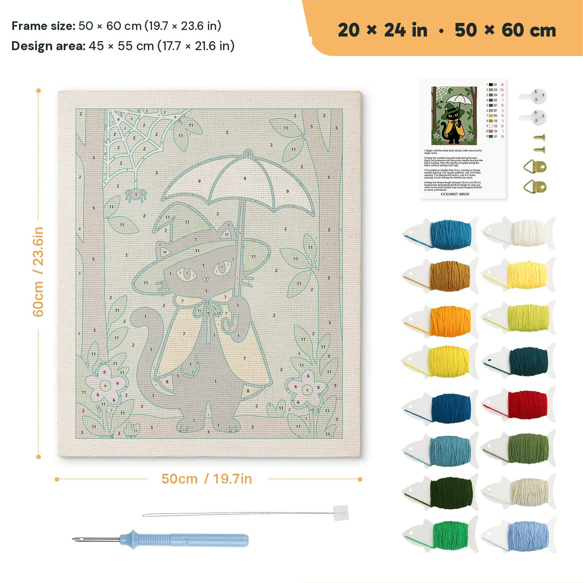 Forest Witch Cat punch needle kit, 20 × 24 in (50 × 60 cm): canvas size and kit contents
