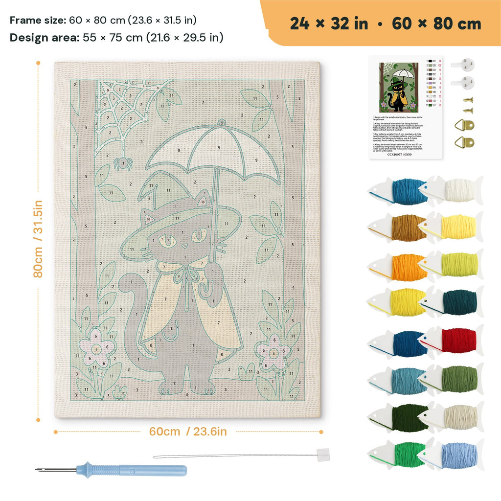 Forest Witch Cat punch needle kit, 24 × 32 in (60 × 80 cm): canvas size and kit contents
