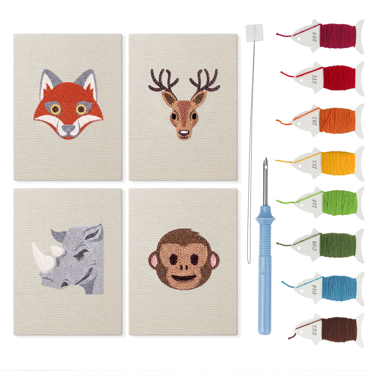 Fox and Deer mini punch needle kit set: four finished canvases with threads, punch needle and threader