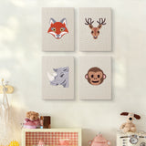 The four Fox and Deer mini canvases on a wall above a shelf