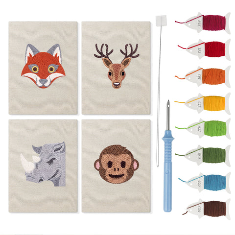 Fox and Deer mini punch needle kit set: four finished canvases with threads, punch needle and threader