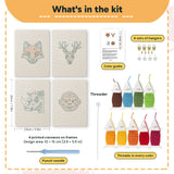 What is in the Fox and Deer set: 4 printed canvases, punch needle, threader, threads, color guide and 4 sets of hangers (6 × 8 in (15 × 20 cm) each)