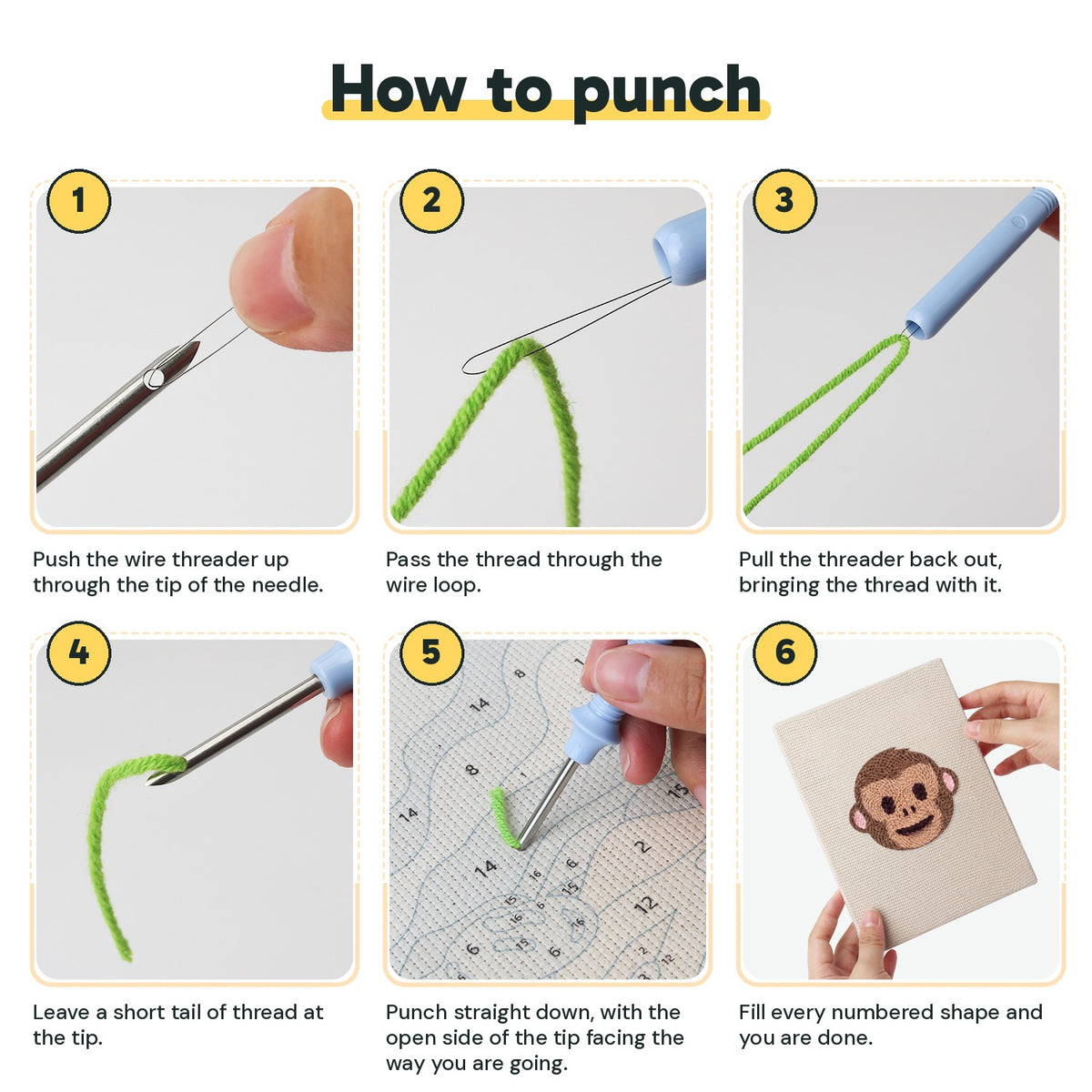 Six steps showing how to thread and use the punch needle