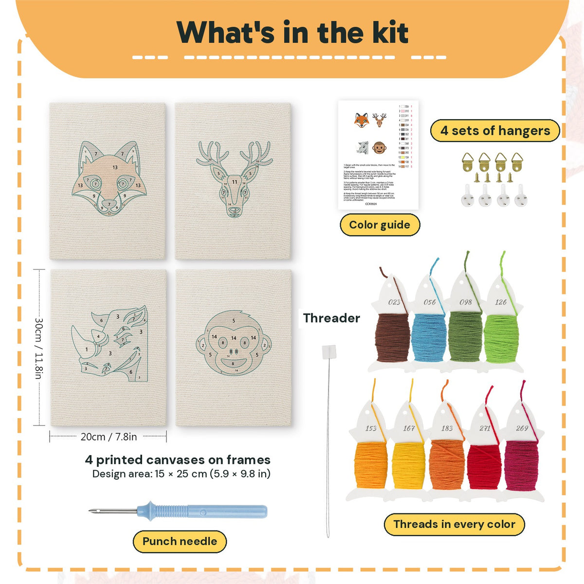 What is in the Fox and Deer set, 8 × 12 in (20 × 30 cm) each: 4 printed canvases, punch needle, threader, threads, color guide and 4 sets of hangers