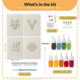 What is in the Fox and Deer set, 8 × 12 in (20 × 30 cm) each: 4 printed canvases, punch needle, threader, threads, color guide and 4 sets of hangers