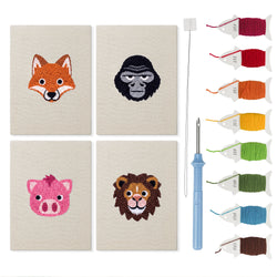 Fox and Gorilla mini punch needle kit set: four finished canvases with threads, punch needle and threader