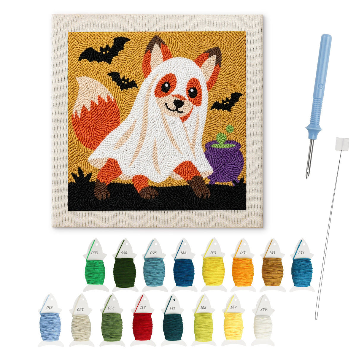 Fox in a Ghost Sheet punch needle kit: finished canvas with threads, punch needle and threader