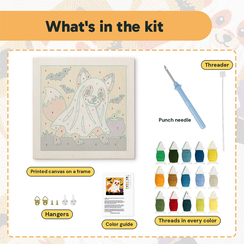 What is in the Fox in a Ghost Sheet kit: printed canvas, punch needle, threader, threads, color guide and hangers