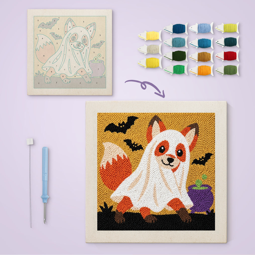 Fox in a Ghost Sheet canvas before and after punching, with the threads and tools