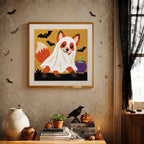 Finished Fox in a Ghost Sheet punch needle canvas on a wall