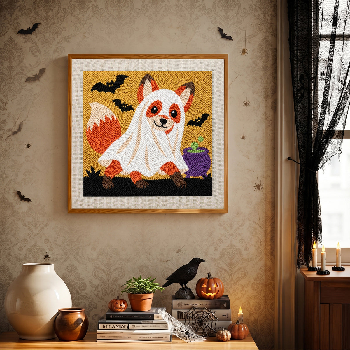 Finished Fox in a Ghost Sheet punch needle canvas on a wall