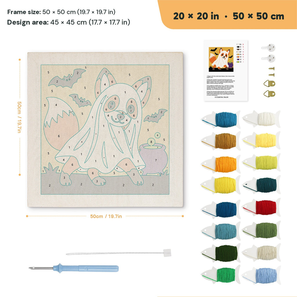 Fox in a Ghost Sheet punch needle kit, 20 × 20 in (50 × 50 cm): canvas size and kit contents