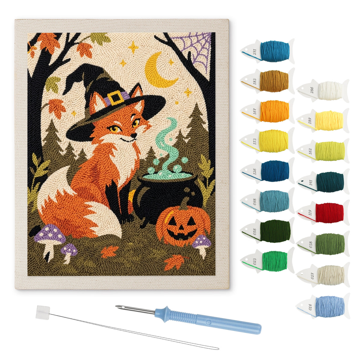 Fox Witch punch needle kit: finished canvas with threads, punch needle and threader