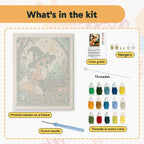 What is in the Fox Witch kit: printed canvas, punch needle, threader, threads, color guide and hangers