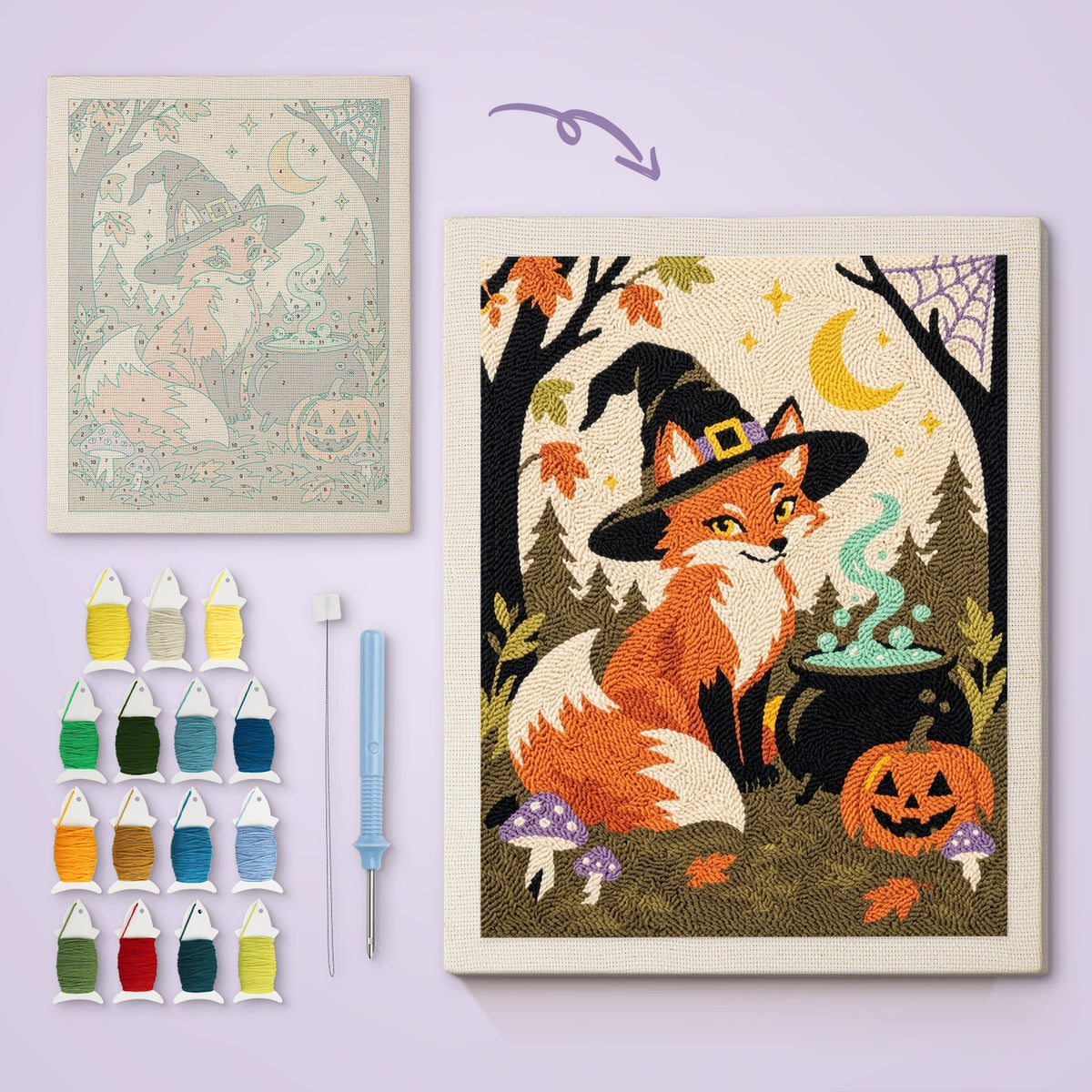 Fox Witch canvas before and after punching, with the threads and tools