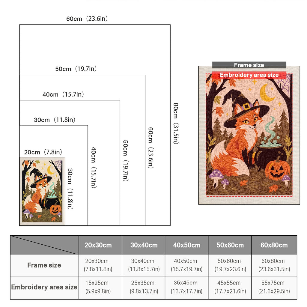 Size chart for punch needle kits from 20 x 30 cm to 60 x 80 cm