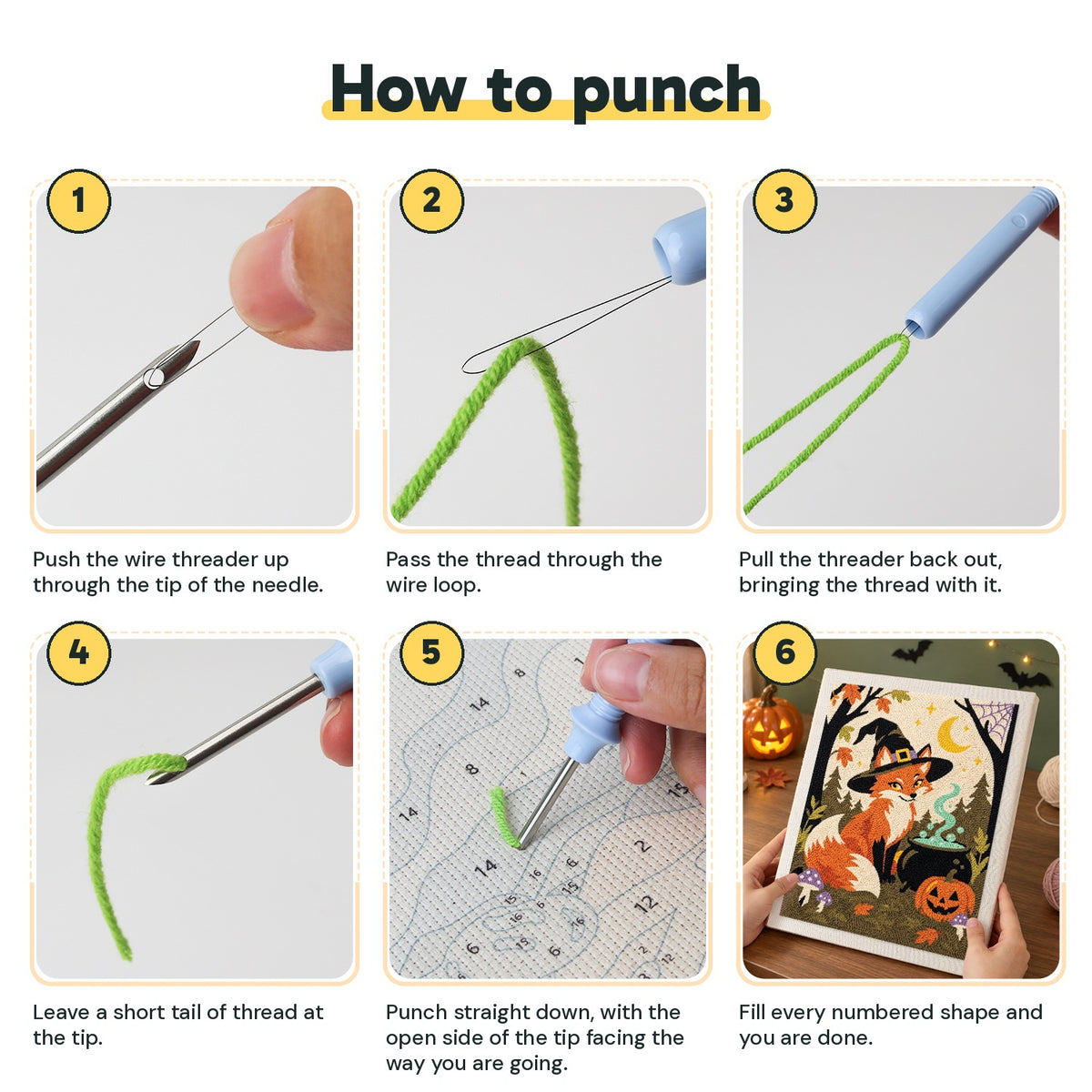 Six steps showing how to thread and use the punch needle